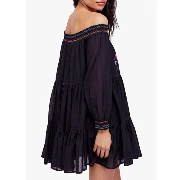 Free People Sunbeams Dress Embroidered Off Shoulder Mini Black Dress M BOHO - Picture 3 of 12